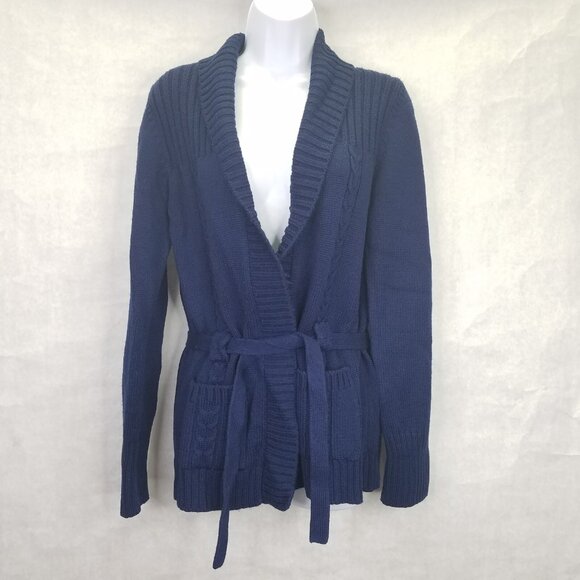 Sirocco Cardigan Women Sm Cable Knit Navy Blue Open Front Belted Classic Vintage - Picture 1 of 13